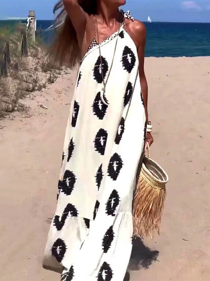 Zonneschijn Etnische Print One-Shoulder Losse Maxi Jurk