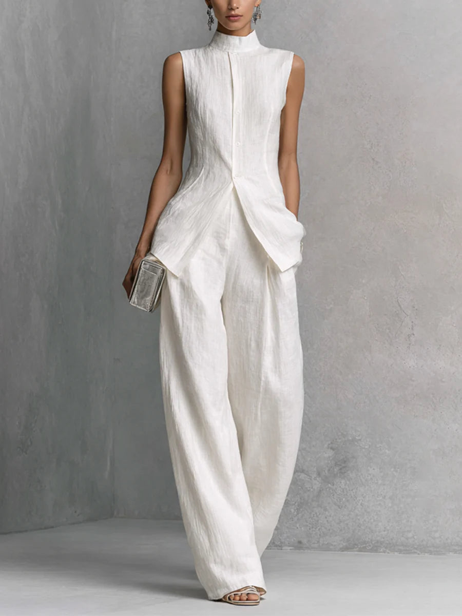 Dylan | Witte Linnen-Katoen Mouwloze Top & Wijde Pantalon Set