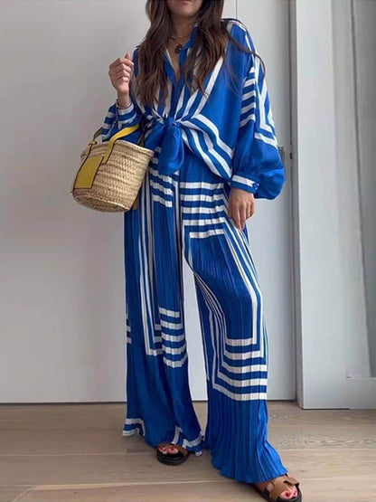 Geprinte Gestreepte Overhemd Plissé Rechte Wijde Pantalon Set