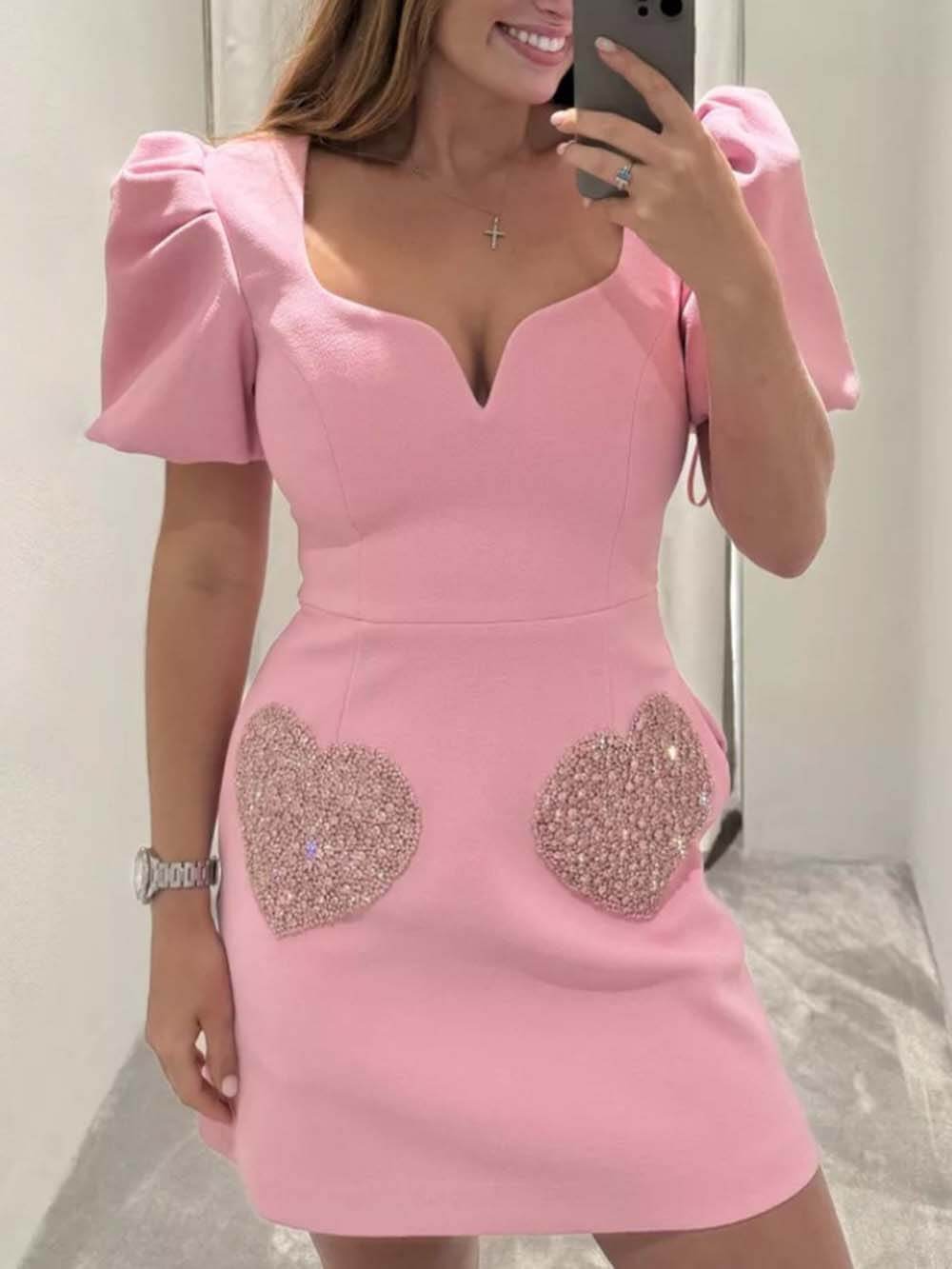Elegant en Zoet Puff Sleeve Sequin Avondjurk