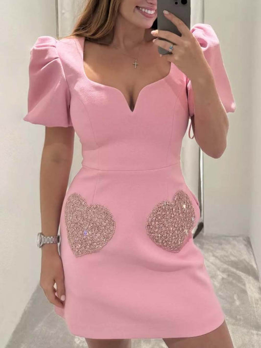 Elegant en Zoet Puff Sleeve Sequin Avondjurk