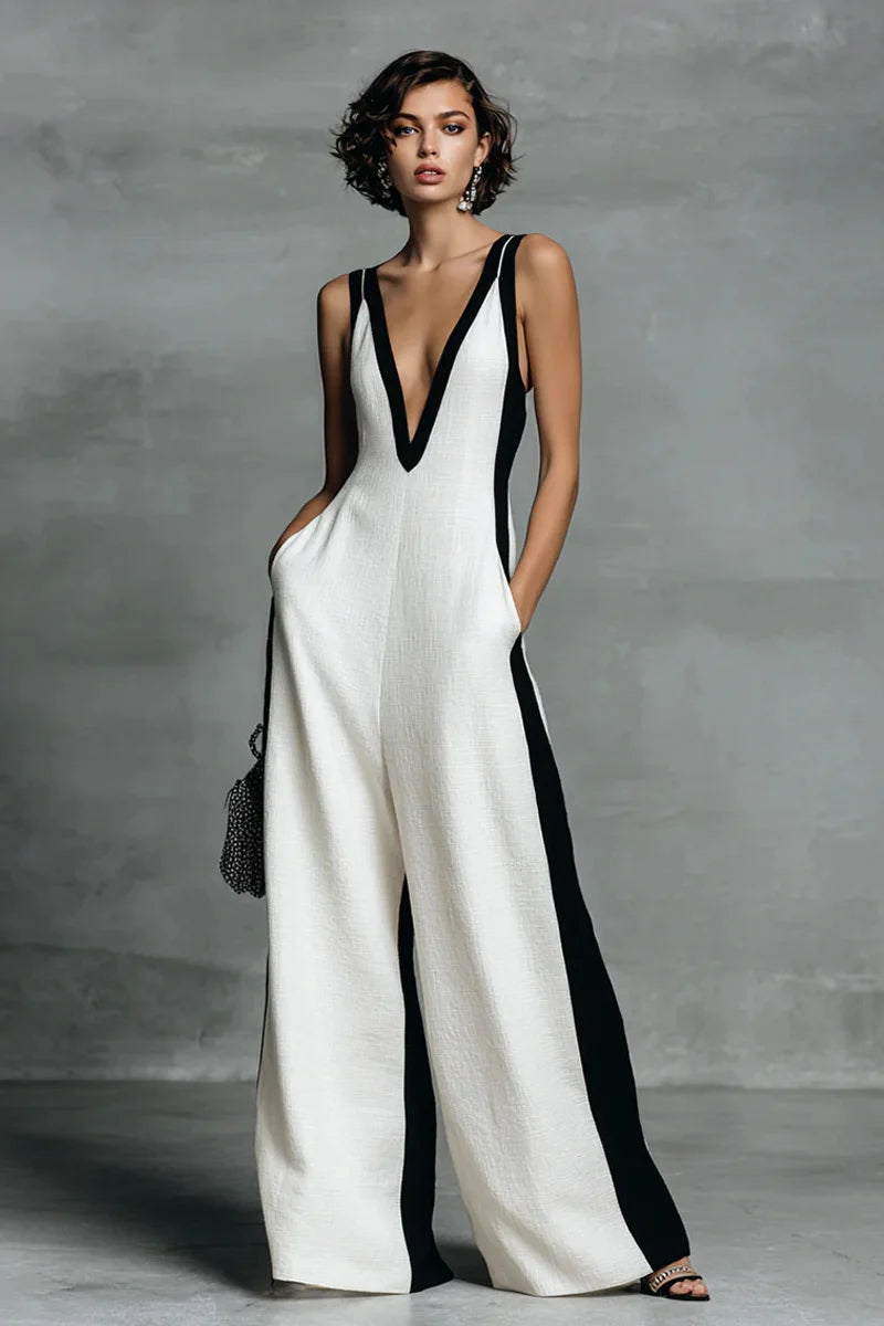 Emma | Zwart & Wit Contrast Stripe Mouwloze Jumpsuit