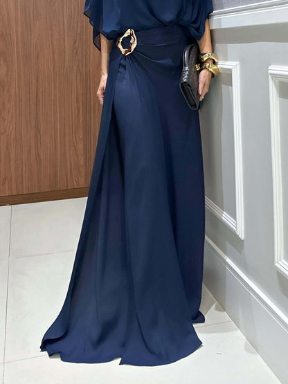 Elegante Blauwe Chiffon Cape Top & Wijde Broek Twee-Delige Set