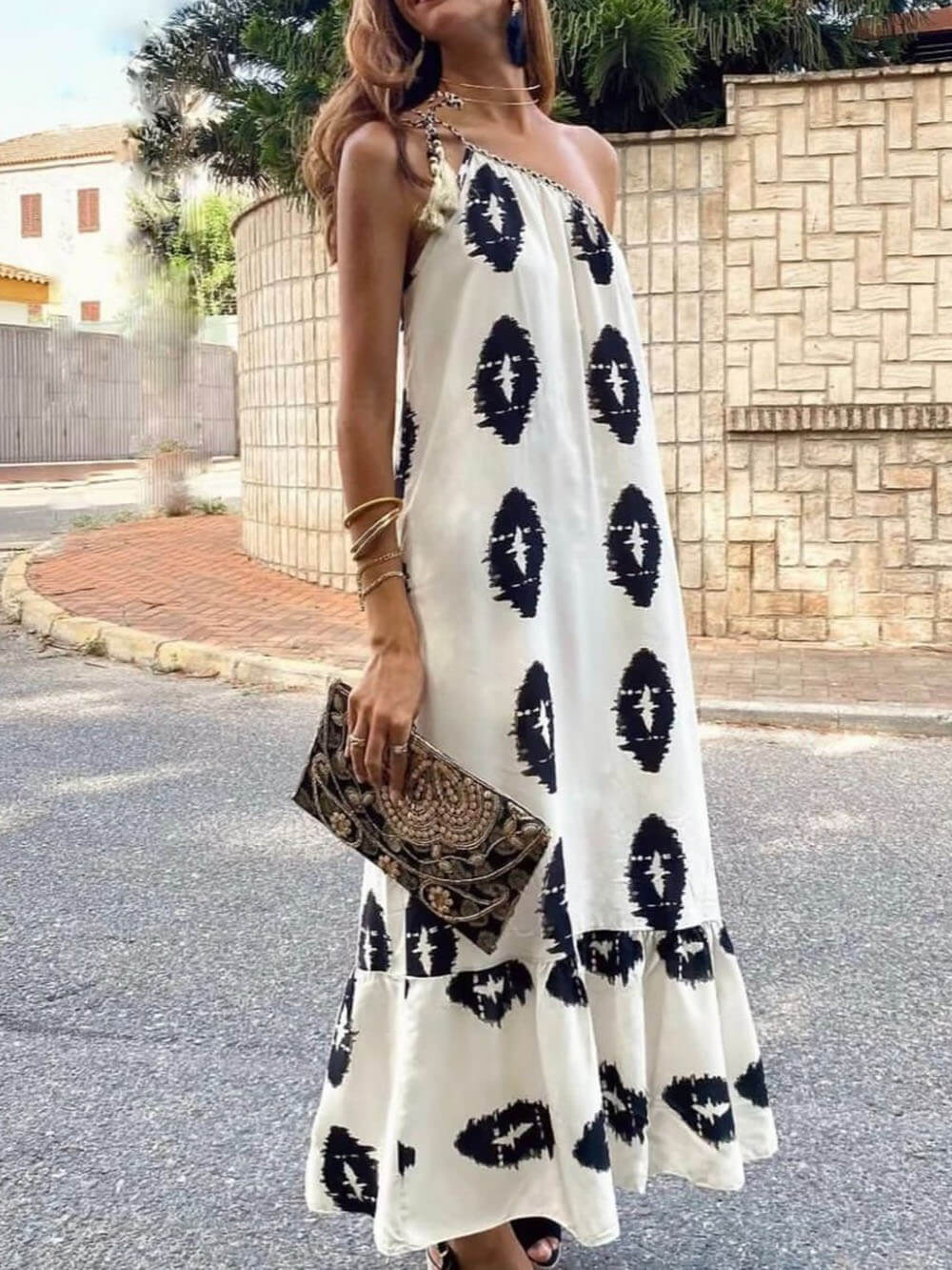 Zonneschijn Etnische Print One-Shoulder Losse Maxi Jurk