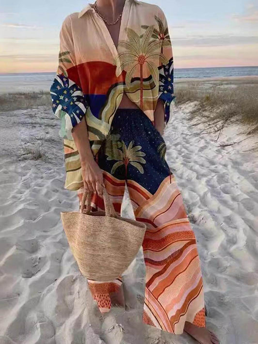 Unieke print Sunset Palms ontspannen tweedelige set