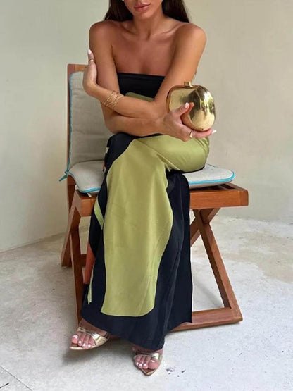 Mode Contrast Mouwloze Off Shoulder Gedrukt Maxi Jurk