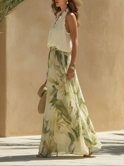 Melissa | Vakantie Outfit met Chiffon Volant Top en Bloemenprint Broek