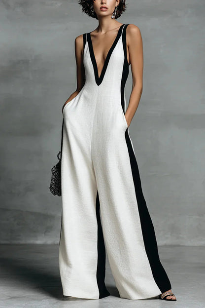 Emma | Zwart & Wit Contrast Stripe Mouwloze Jumpsuit