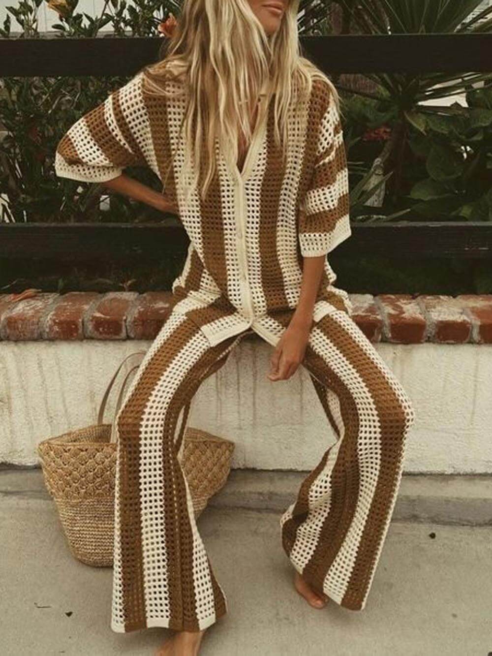 Mode Losse V-Hals Uitsnede Gestreepte Shirt Brede Pantalon Set