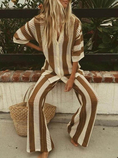 Mode Losse V-Hals Uitsnede Gestreepte Shirt Brede Pantalon Set