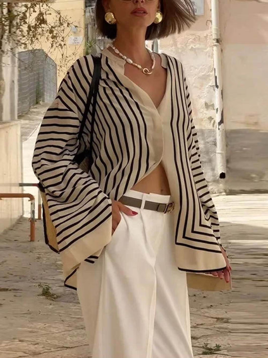Elegante Casual Ronde Hals Gestreepte Satijnen Losse Blouses