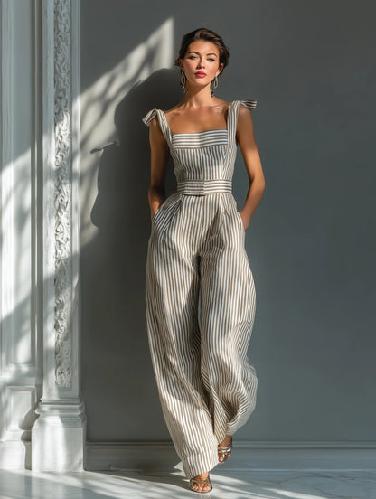 Mona | Beige Gestreepte Linnenmix Tie-Schouder Wijde Jumpsuit
