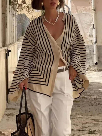 Elegante Casual Ronde Hals Gestreepte Satijnen Losse Blouses