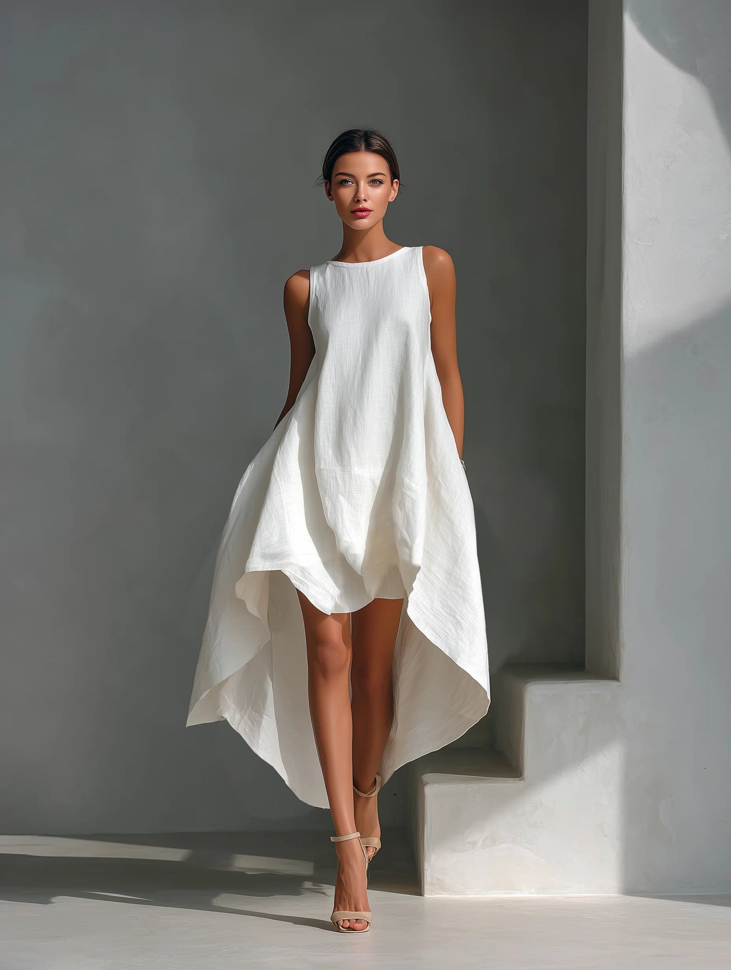 Katy | Witte Linnen Asymmetrische Jurk