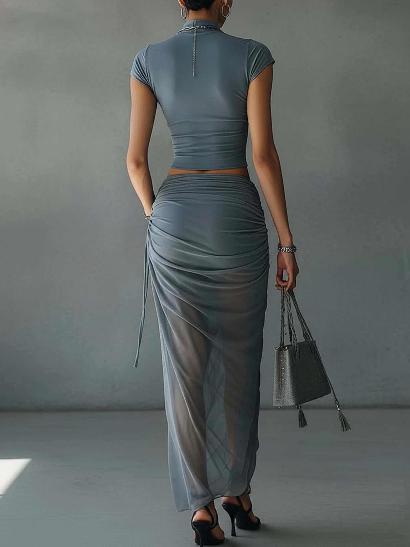 Querida | Compleet met Korte Top en Drapeerrok in Transparante Mesh