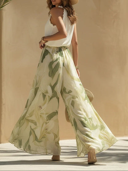 Melissa | Vakantie Outfit met Chiffon Volant Top en Bloemenprint Broek