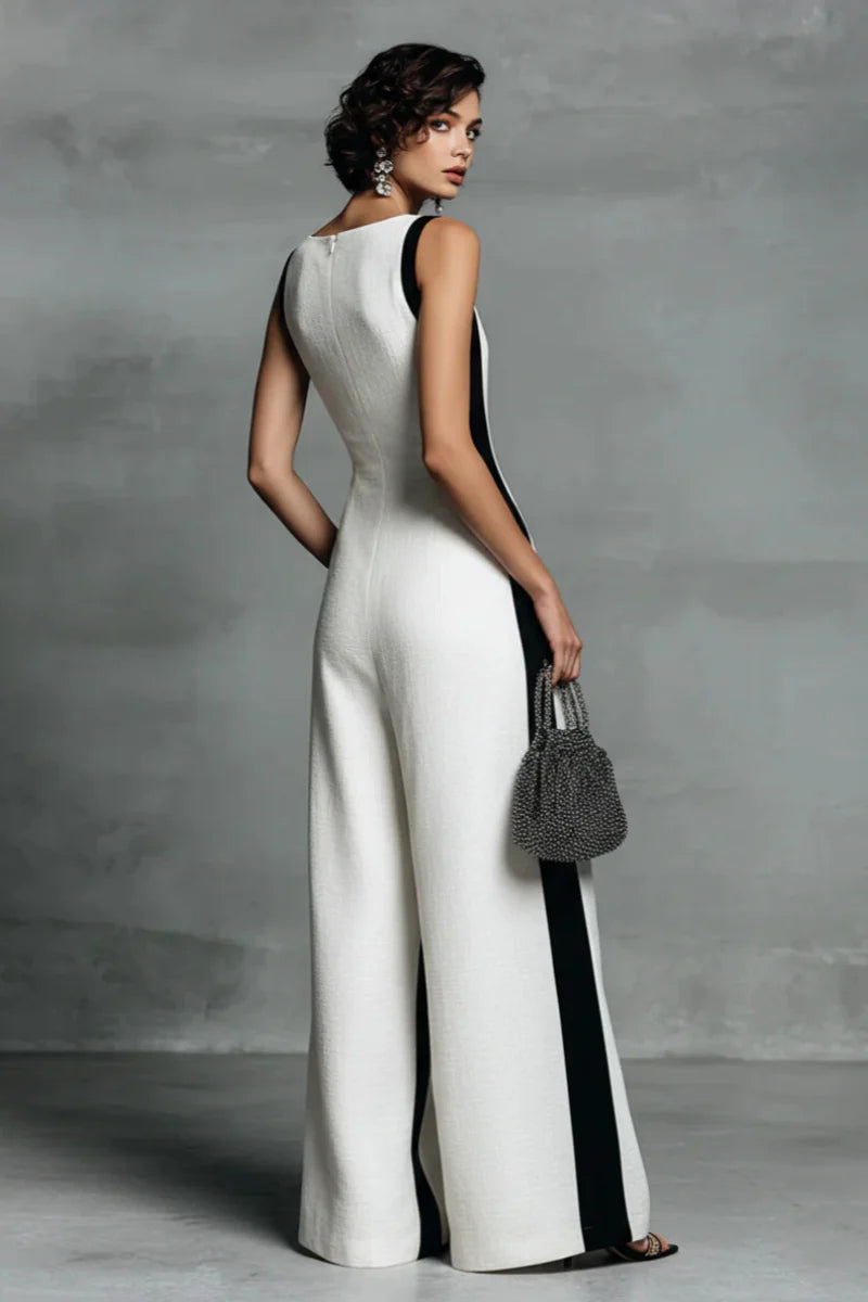 Emma | Zwart & Wit Contrast Stripe Mouwloze Jumpsuit