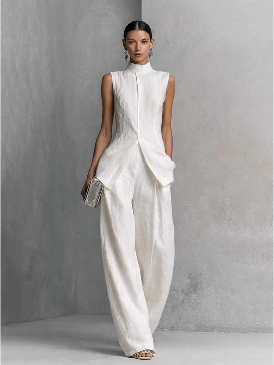 Dylan | Witte Linnen-Katoen Mouwloze Top & Wijde Pantalon Set