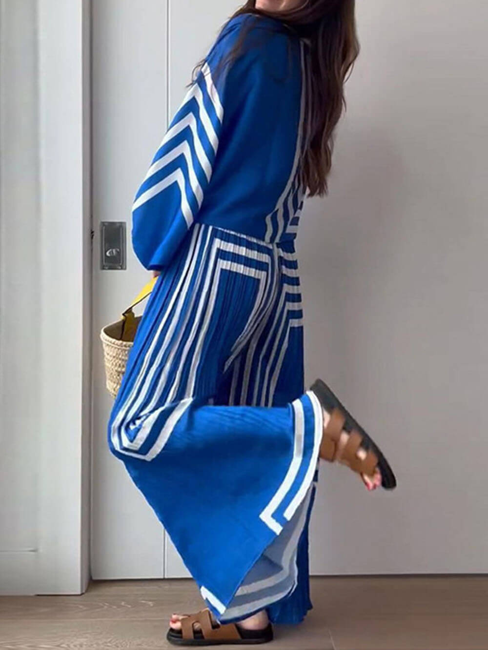 Geprinte Gestreepte Overhemd Plissé Rechte Wijde Pantalon Set