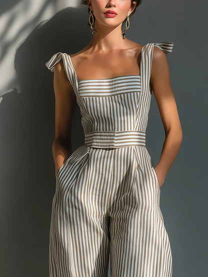 Mona | Beige Gestreepte Linnenmix Tie-Schouder Wijde Jumpsuit