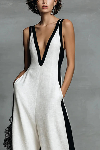 Emma | Zwart & Wit Contrast Stripe Mouwloze Jumpsuit