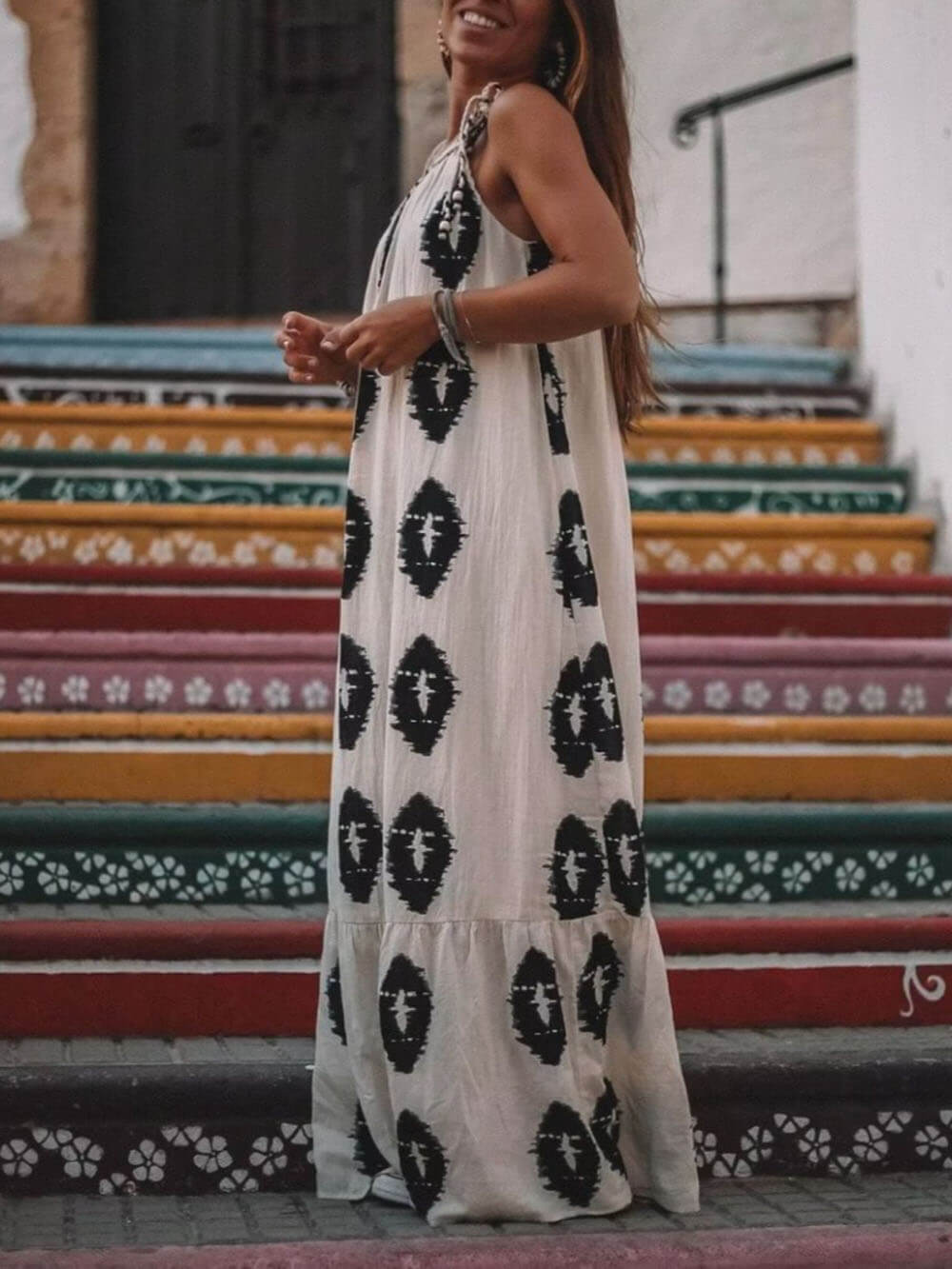 Zonneschijn Etnische Print One-Shoulder Losse Maxi Jurk