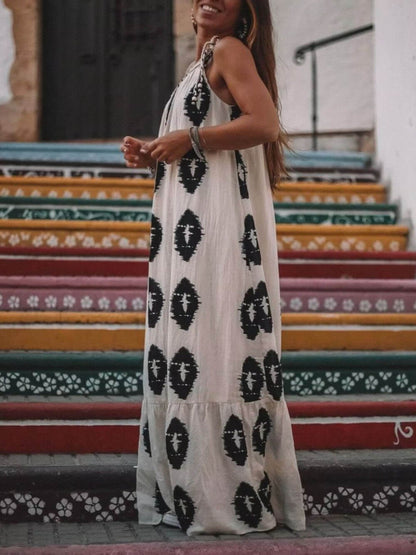 Zonneschijn Etnische Print One-Shoulder Losse Maxi Jurk