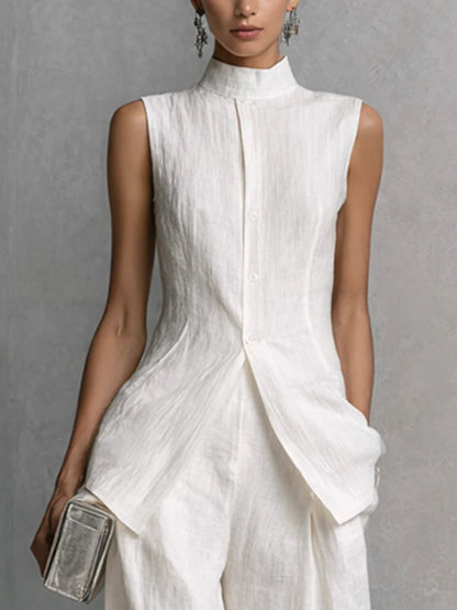 Dylan | Witte Linnen-Katoen Mouwloze Top & Wijde Pantalon Set