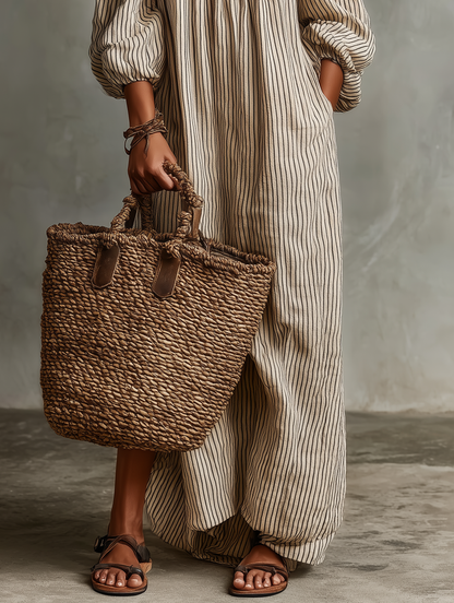 Carmen | Lange jurk van katoen en linnen met off-the-shoulder ontwerp