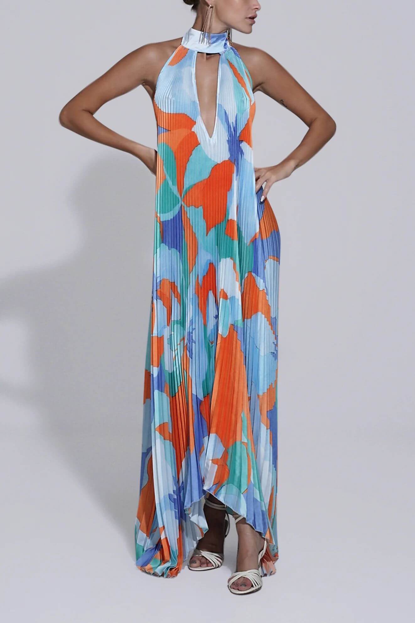Stijlvolle Plissé Halternek Strapless Midi Jurk