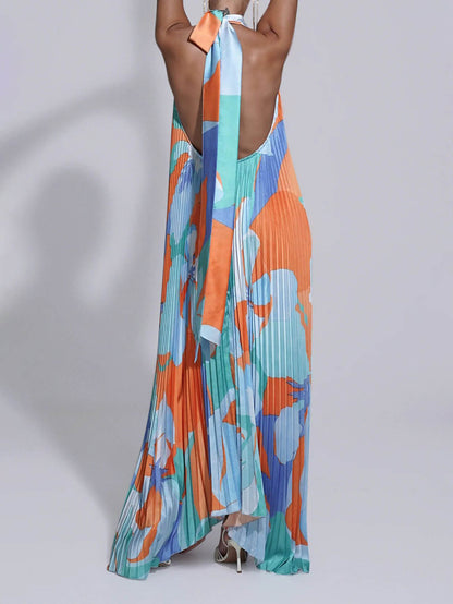 Stijlvolle Plissé Halternek Strapless Midi Jurk