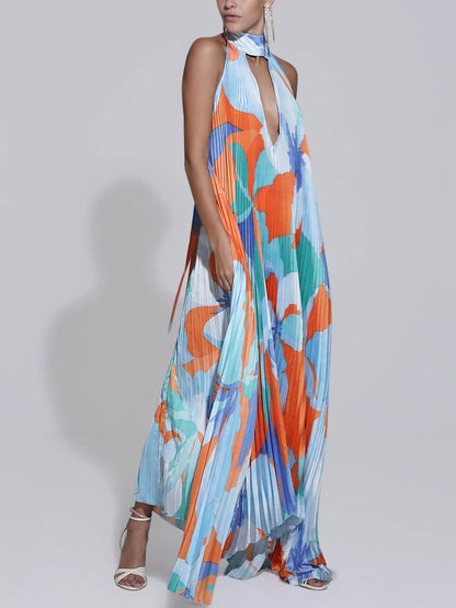 Stijlvolle Plissé Halternek Strapless Midi Jurk