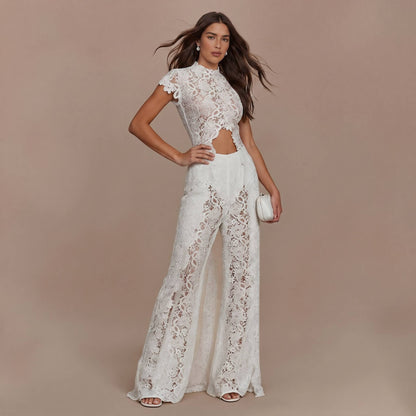 Kanten Top met Lange Mouwen en Brede Pantalon Set