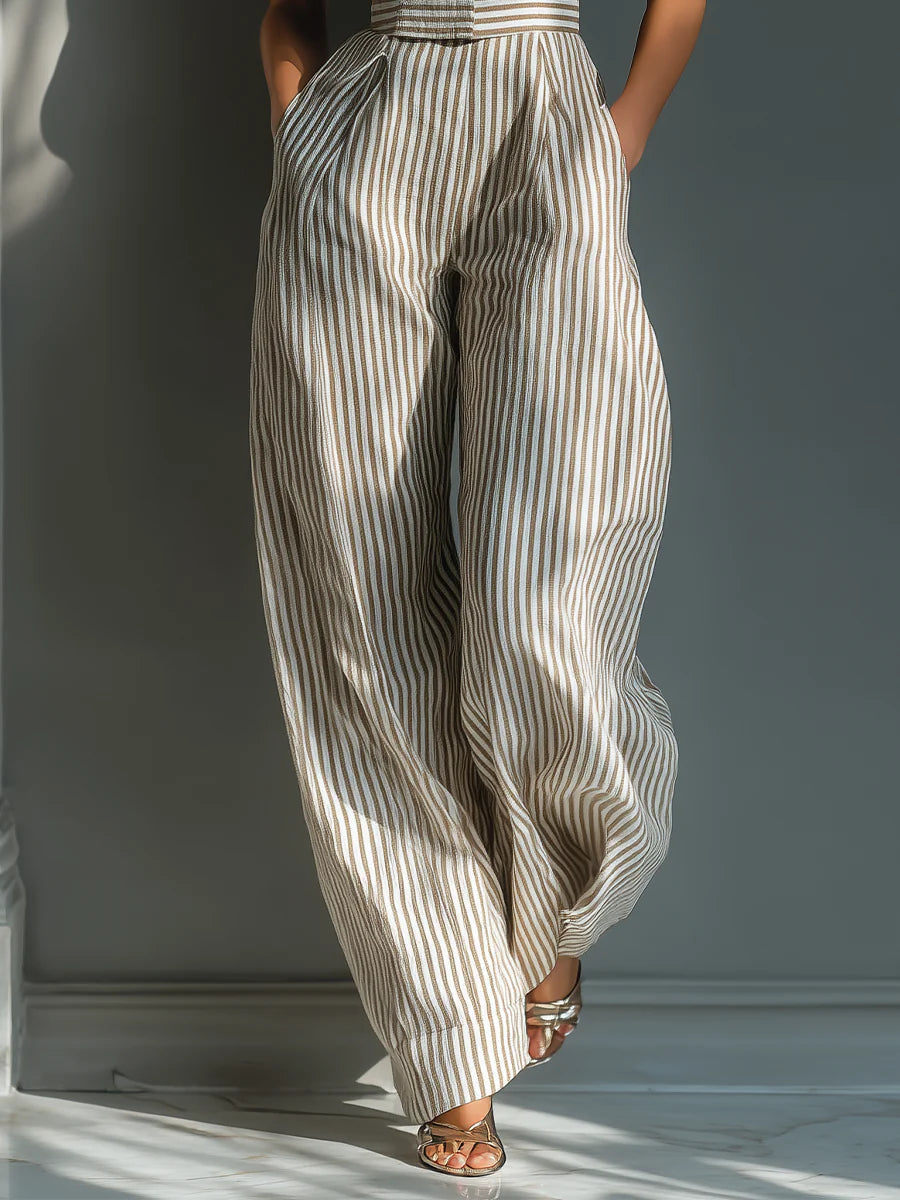 Mona | Beige Gestreepte Linnenmix Tie-Schouder Wijde Jumpsuit