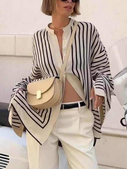 Elegante Casual Ronde Hals Gestreepte Satijnen Losse Blouses