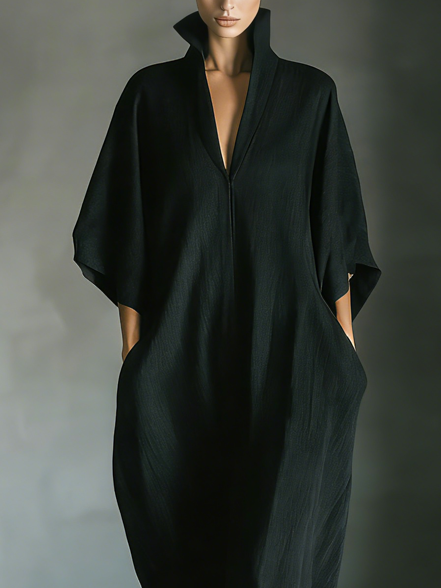 Costanza | Zwarte maxi-jurk met kimono-mouwen en V-hals