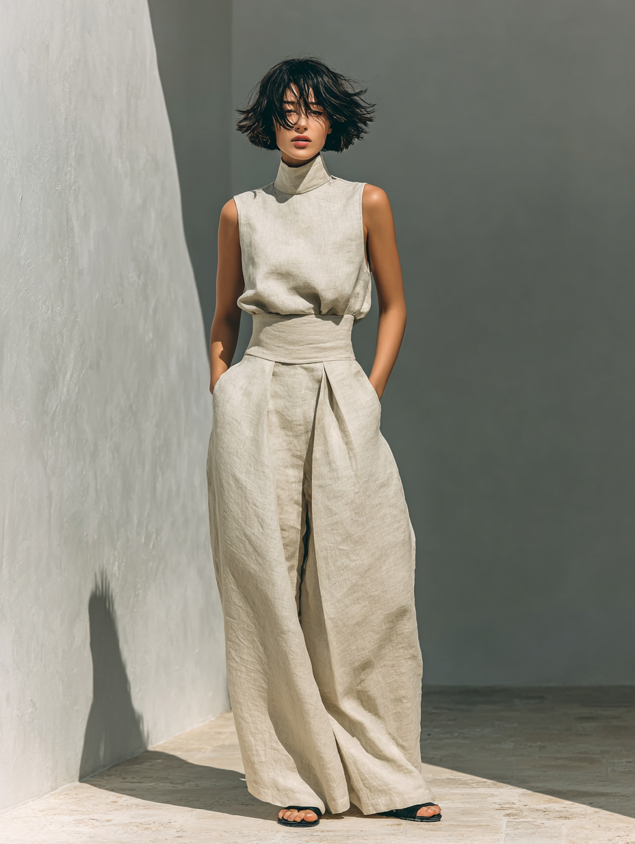 Dames Minimalistische Katoen en Linnen Blend Mouwloze Blouse en Brede Pantalon Set MDZ0873A5Y