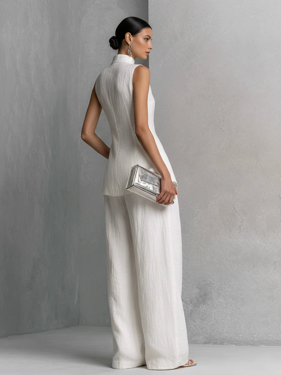 Dylan | Witte Linnen-Katoen Mouwloze Top & Wijde Pantalon Set