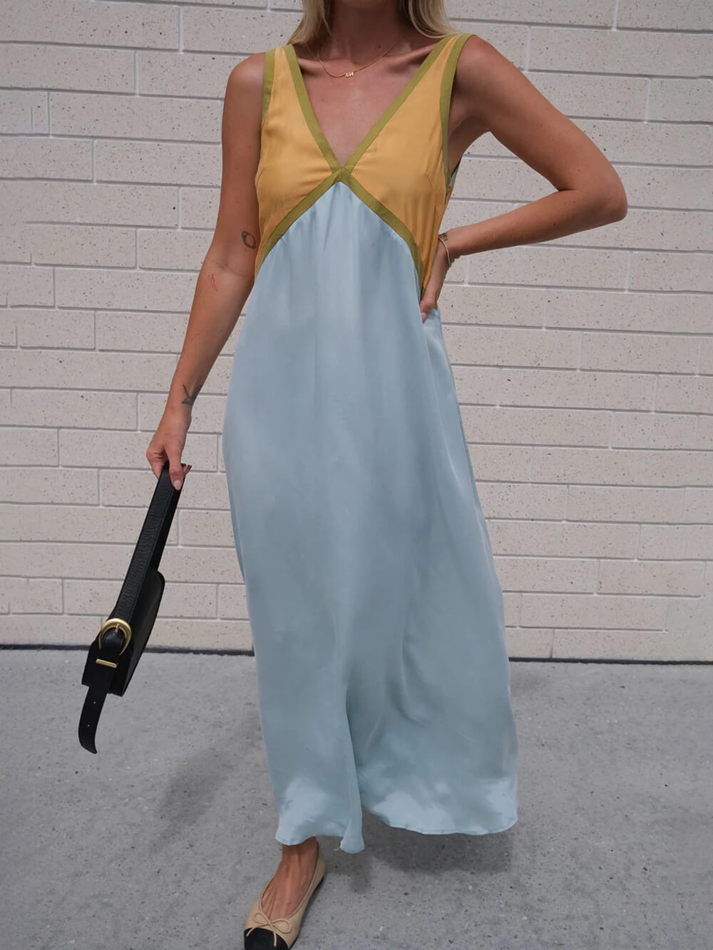 Splicing Chic V-hals Contrasterende Kleur Jurk