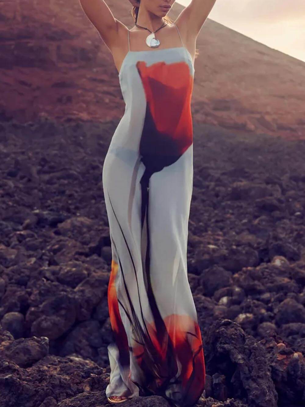Vakantie Abstract Tulp Print Slip H-Lijn Maxi Jurk