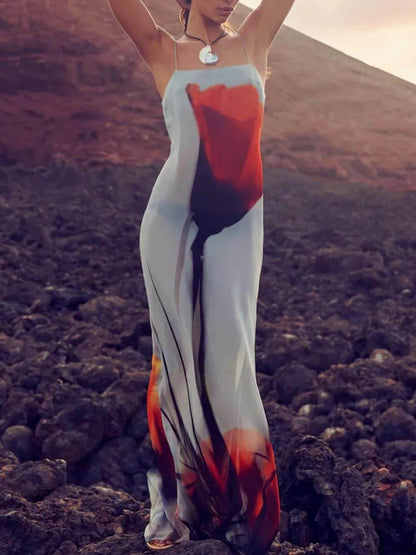 Vakantie Abstract Tulp Print Slip H-Lijn Maxi Jurk