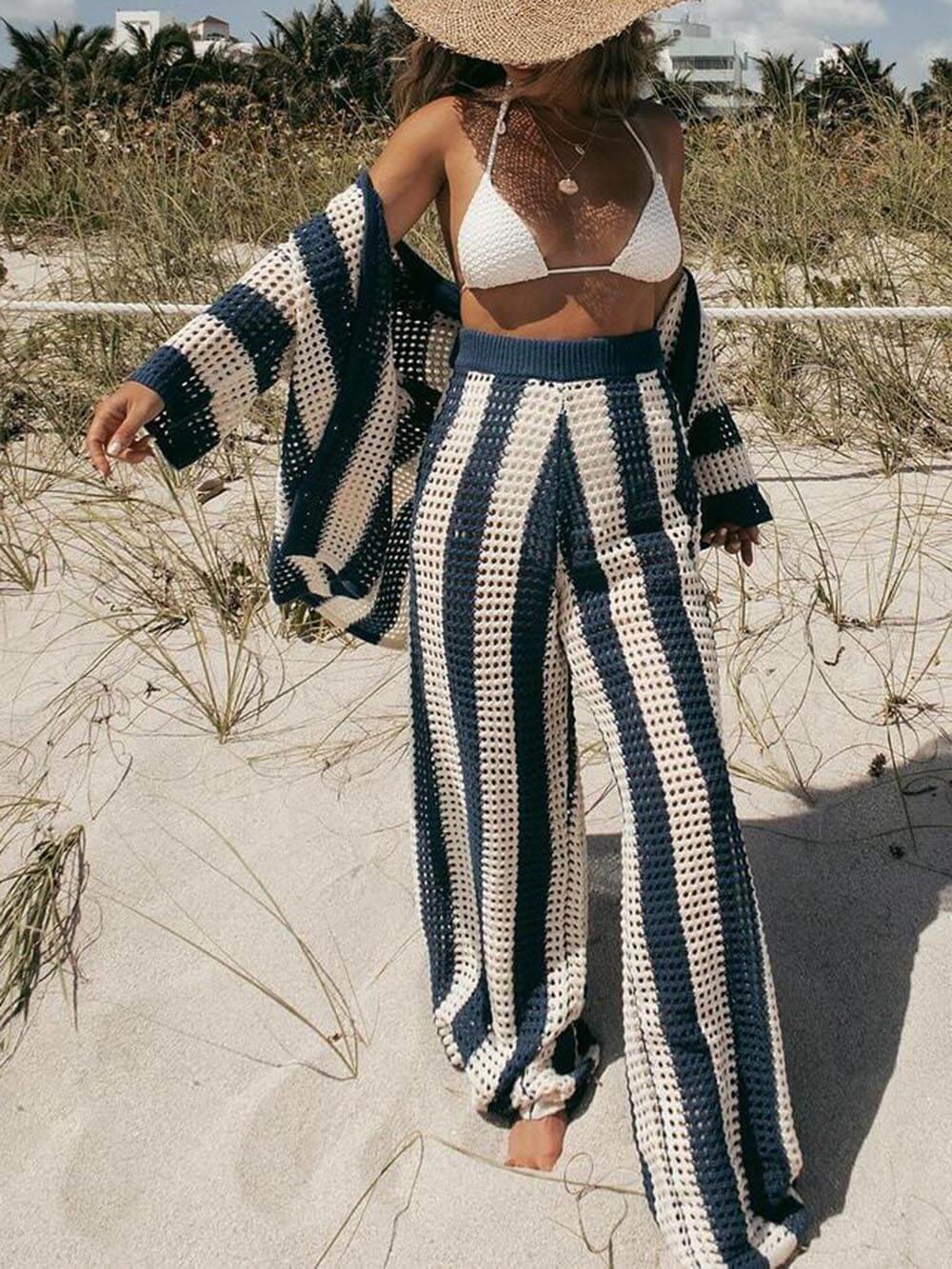 Mode Losse V-Hals Uitsnede Gestreepte Shirt Brede Pantalon Set