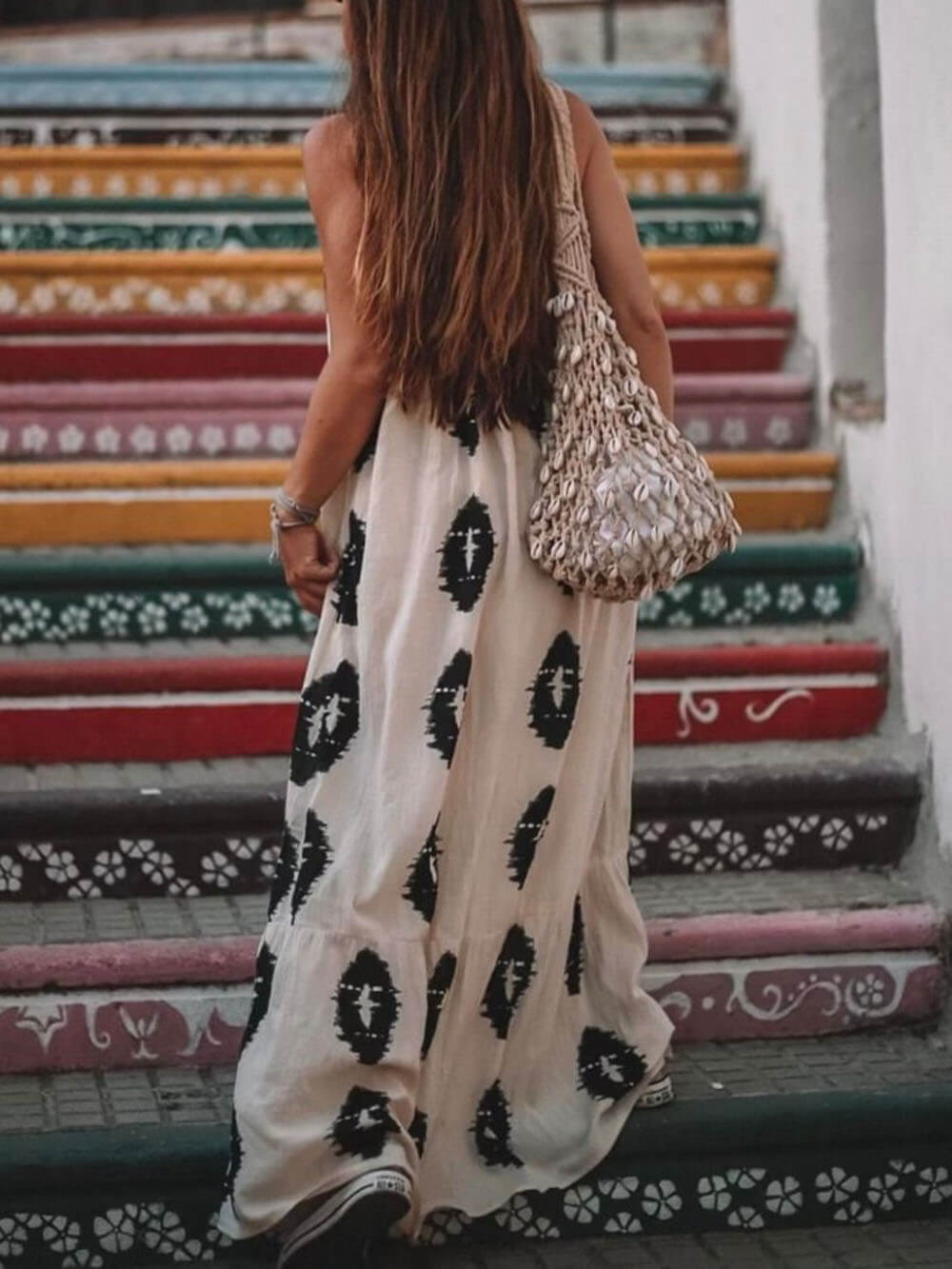 Zonneschijn Etnische Print One-Shoulder Losse Maxi Jurk