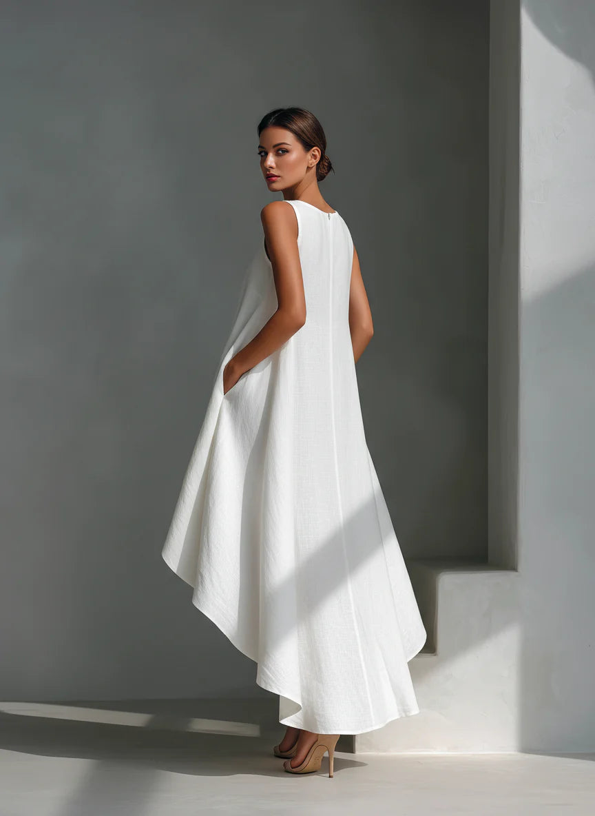 Katy | Witte Linnen Asymmetrische Jurk