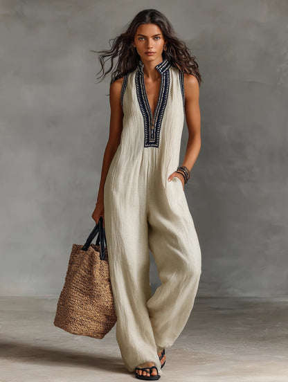 Kayla | Bella Mediterranea Geborduurde Linnen Jumpsuit