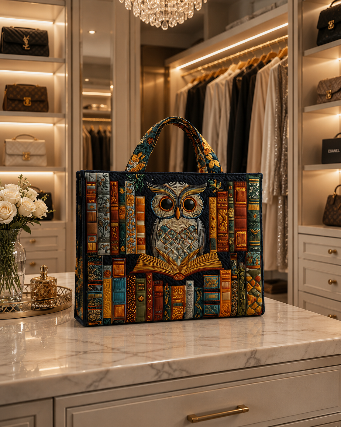 Tyliana - Doorgestikte totebag met geborduurde uil “Biblioteca”