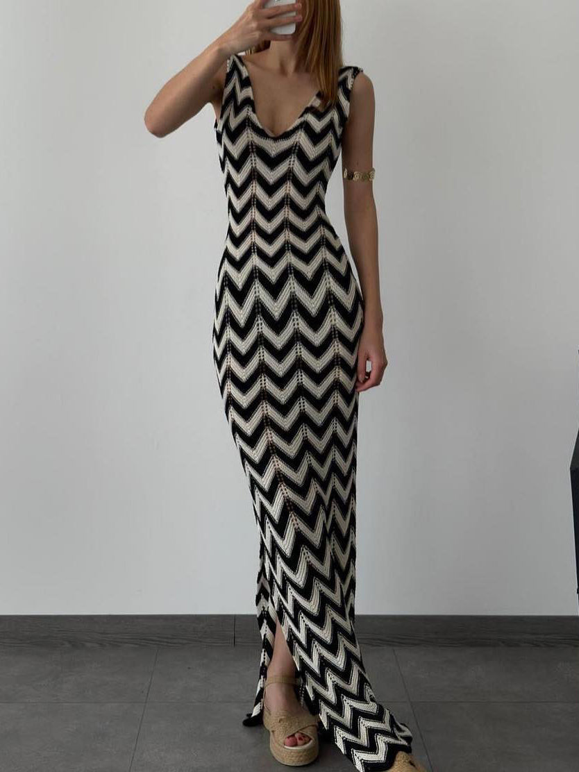 Zomer V-Hals Gestreepte Gehaakte Split Sexy Maxi Jurk