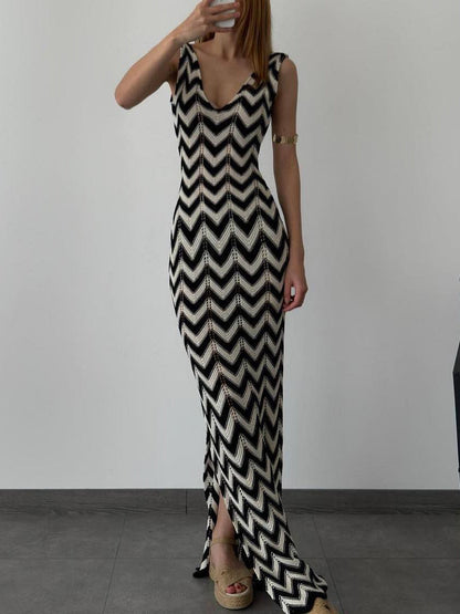 Zomer V-Hals Gestreepte Gehaakte Split Sexy Maxi Jurk