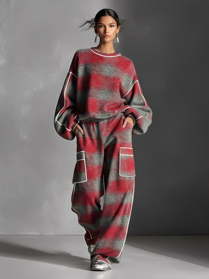Dames Rood En Grijs Geruit Geborsteld Versleten Street Style Kleur Geblokte Piping Jumpsuit Set MDA1065K4I