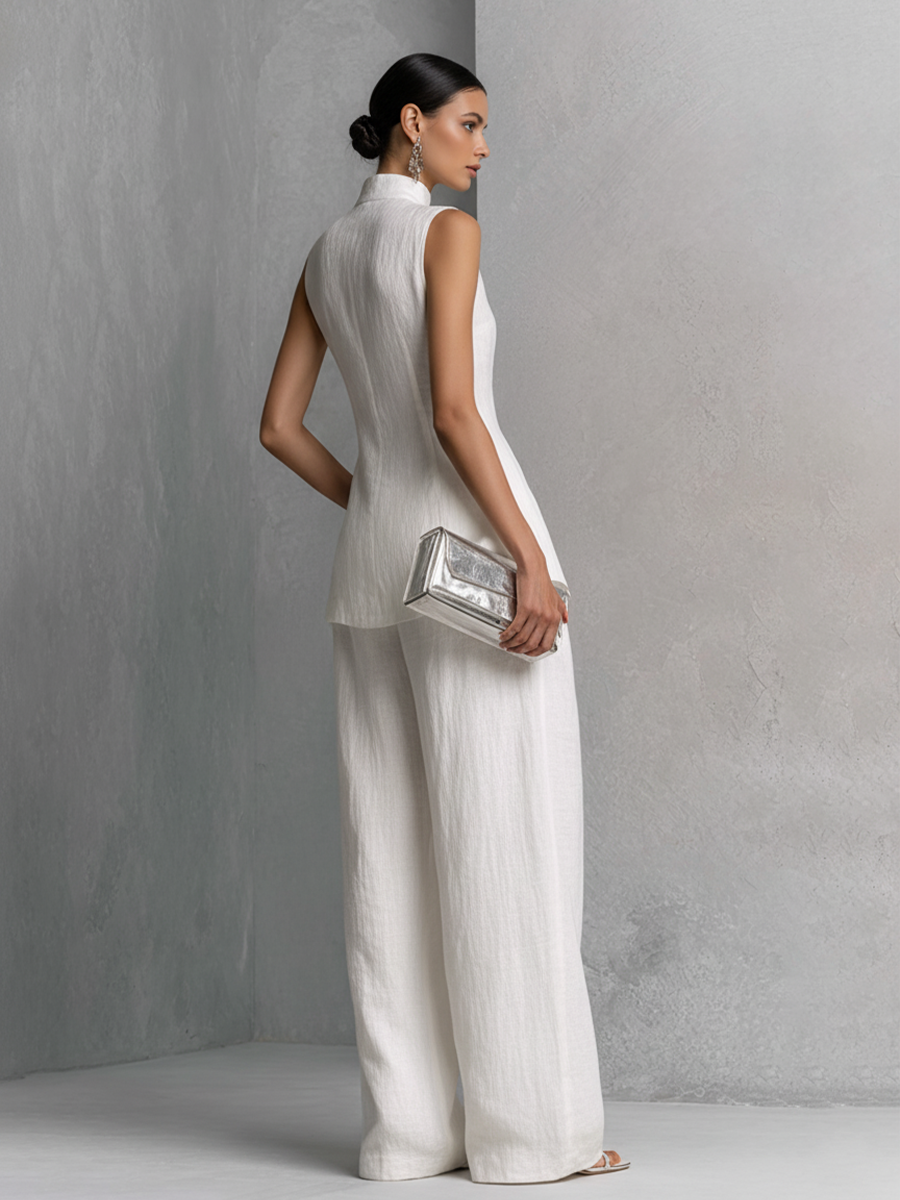 Elegante Witte Katoenlinnen Mouwloze Top en Brede Pantalon Set MDZ0221B1BA